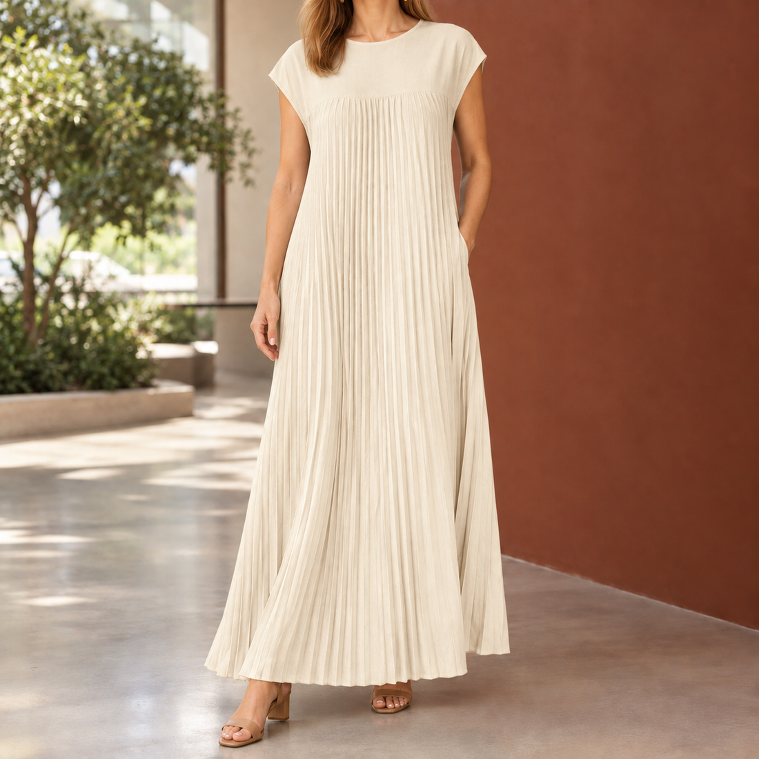 Heidi-Louise Pleated Maxi Dress - Beige