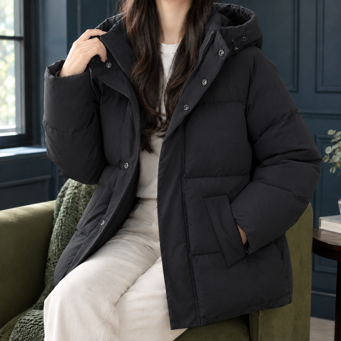Laurel-Marie Hooded Puffer Jacket - Black Genuine