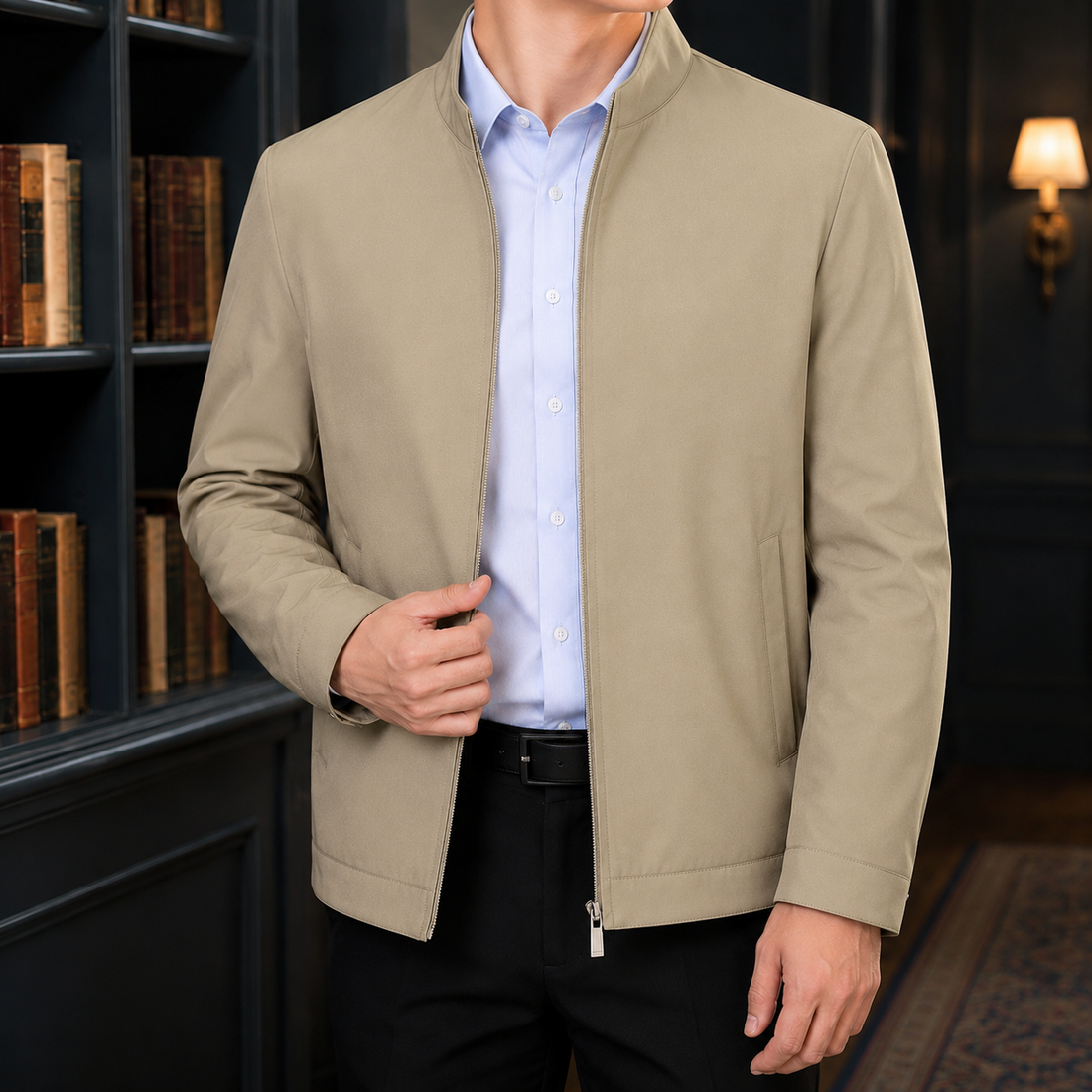 Barnaby Zip Jacket - Khaki Stand Collar