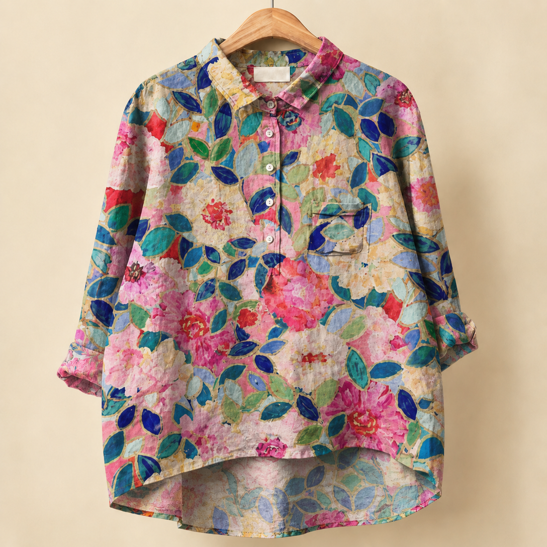 Lucia-Sage Vintage Blouse - Pink Blue Leaf Floral