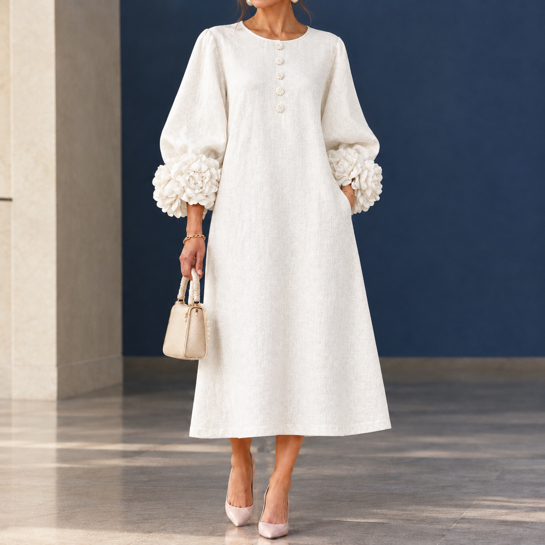Estella-Eve Floral Cuff Dress - White