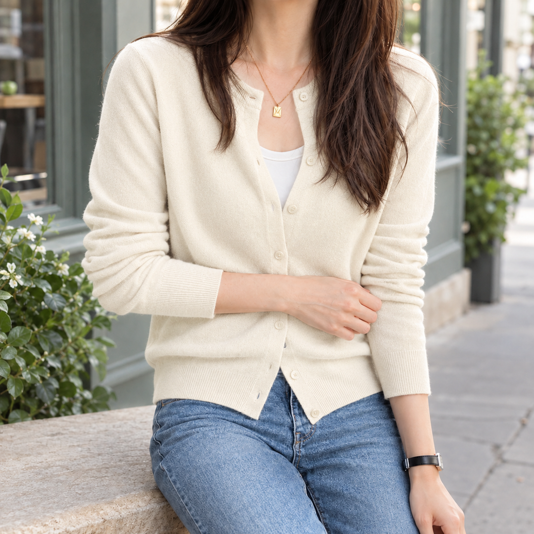 Iolanthe Crew Neck Cardigan - Cream