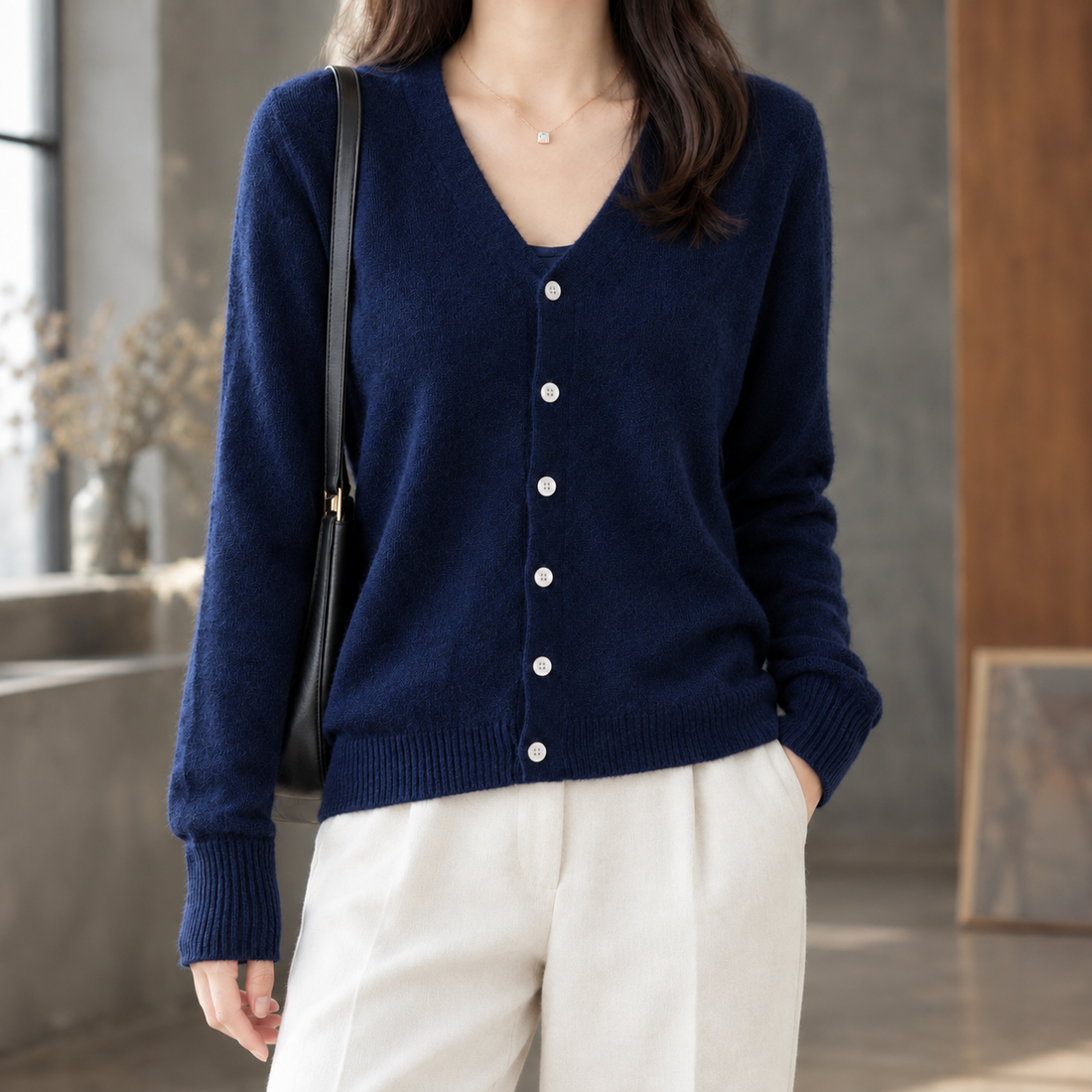 Guinevere-Kate V-Neck Cardigan - Navy Blue