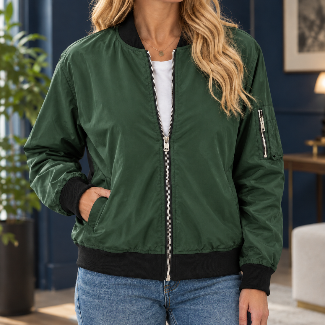 Ludovica Zip Bomber Jacket - Dark Green