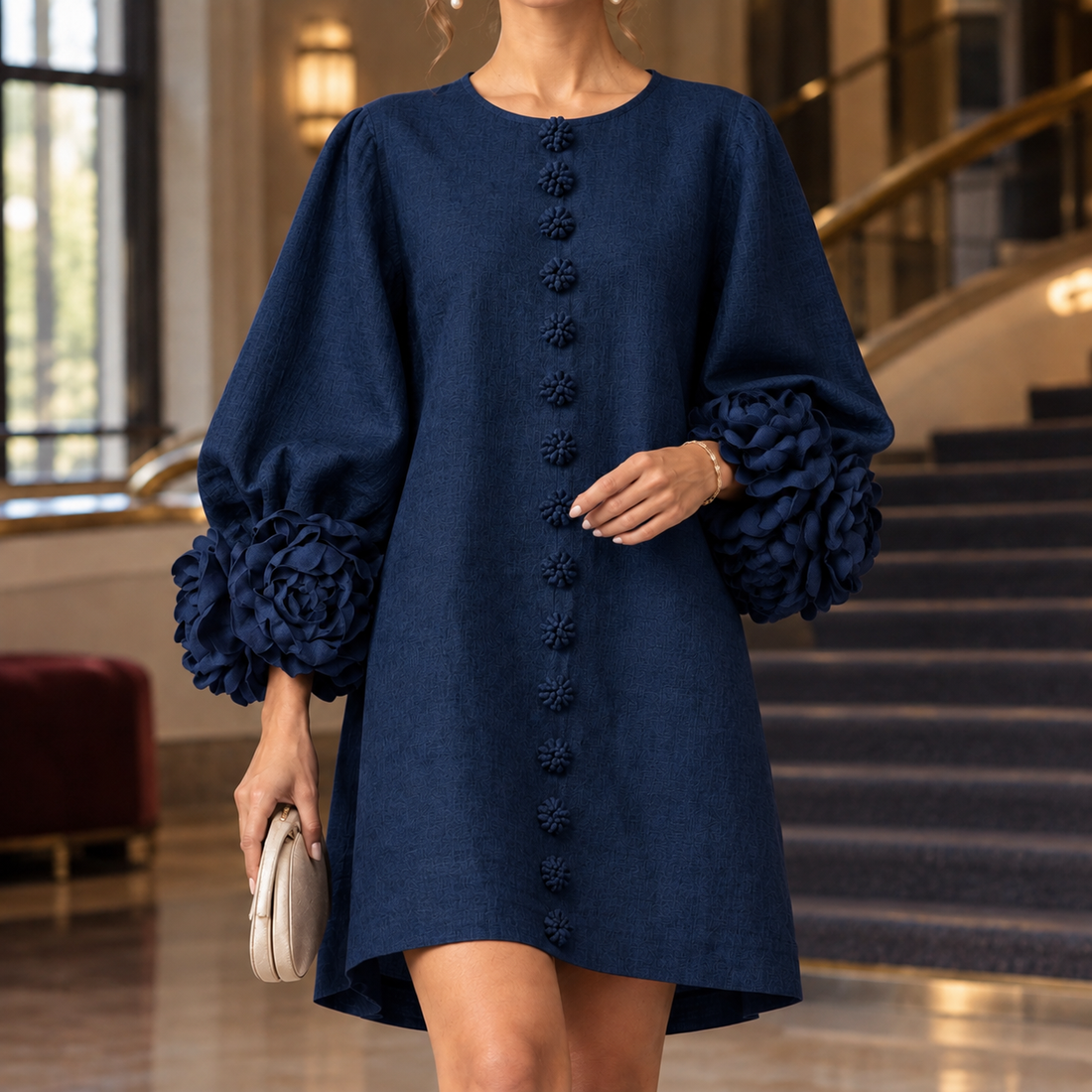 Kiera Floral Cuff Dress - Navy Blue