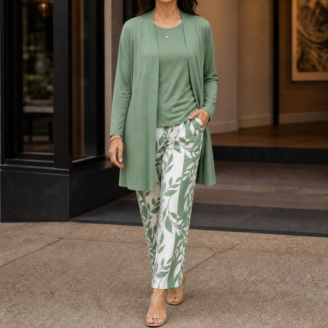 Ingrid-Belle Printed Three-Piece Set - Green & White