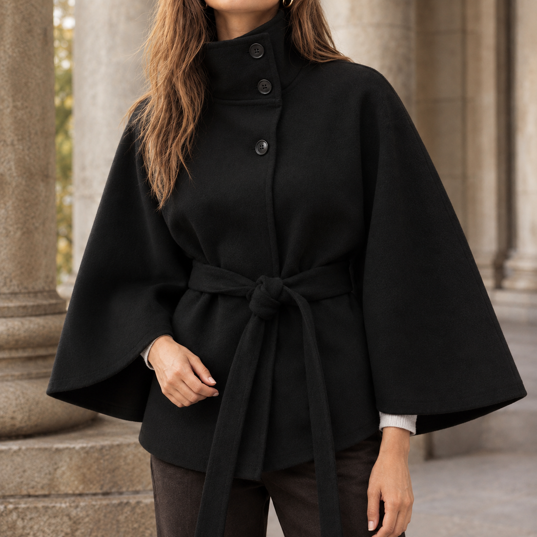 Apolline Belted Cape - Black