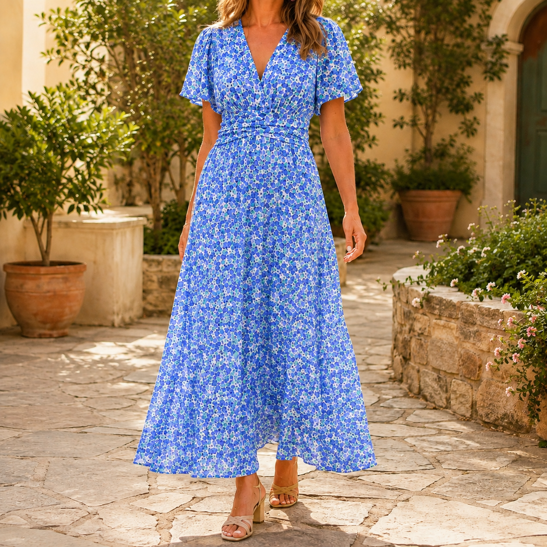 Grace Ruched Maxi Dress - Blue