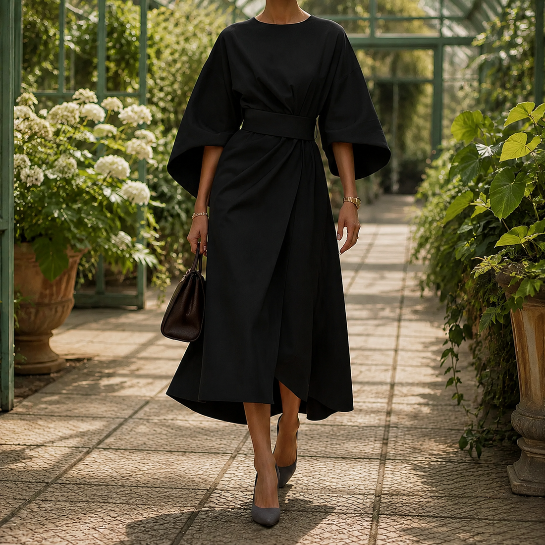 Astrid-Hope Belted Midi Dress - Black