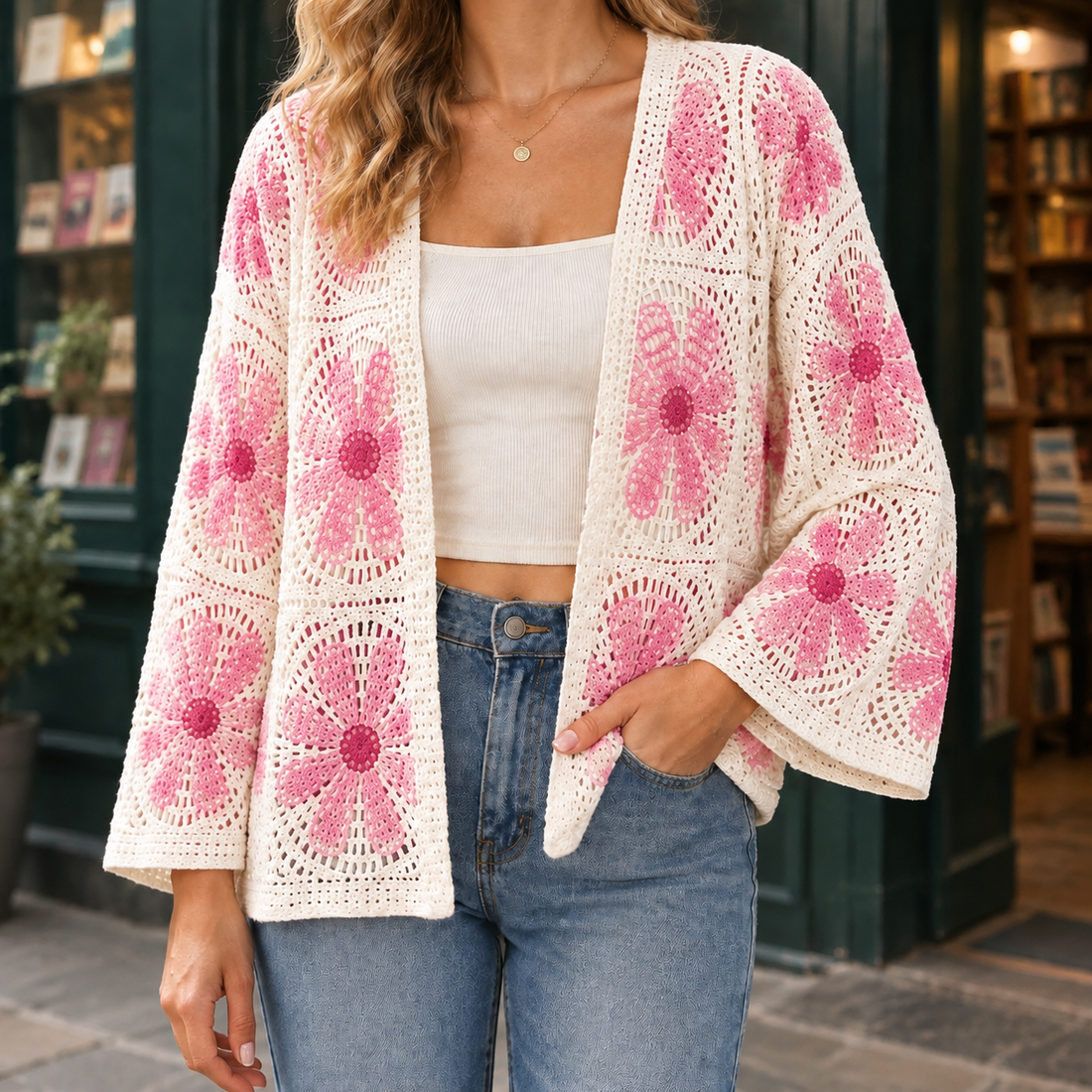 Victoria Crochet Cardigan - White Pink Floral Pattern