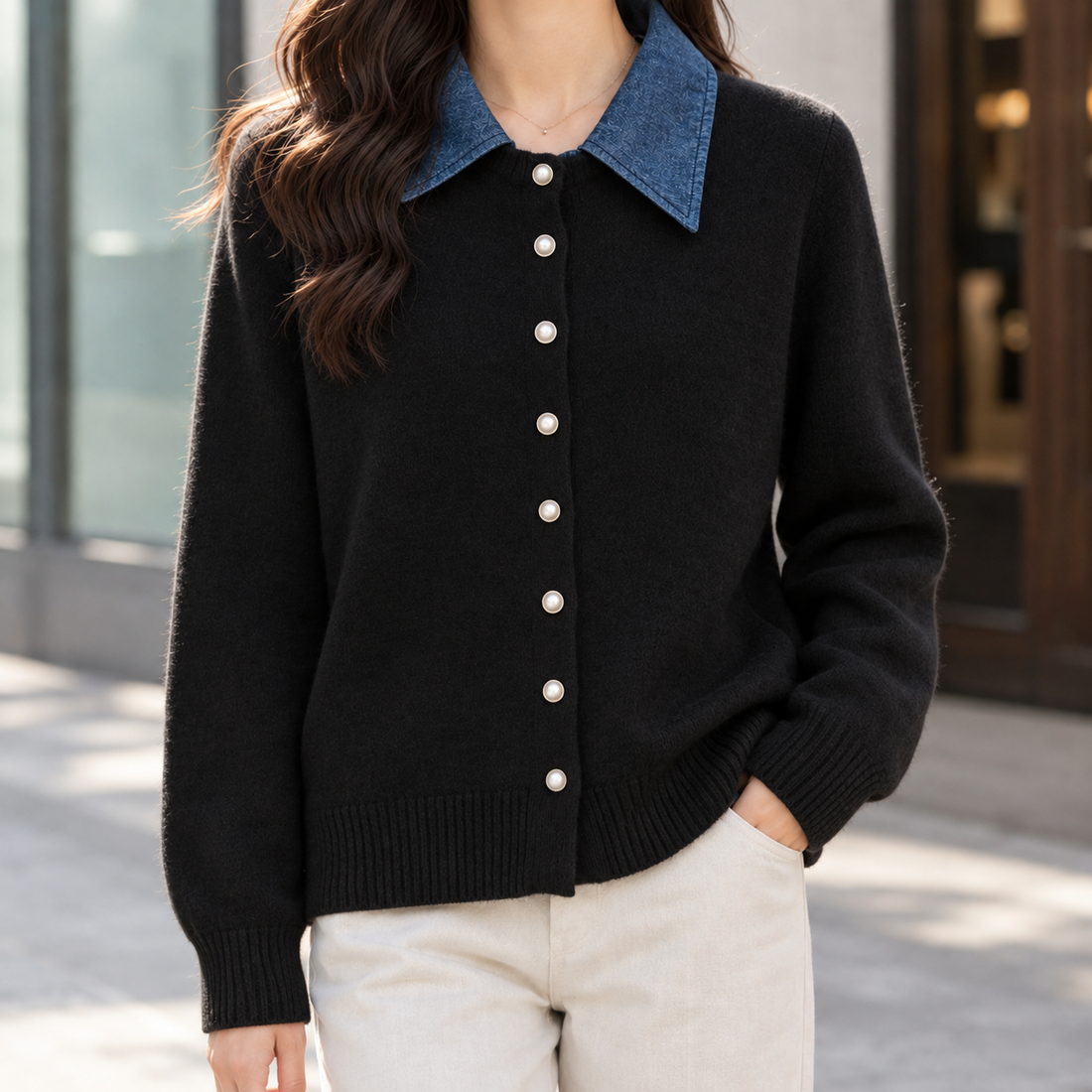Joy Contrast Collar Cardigan - Black