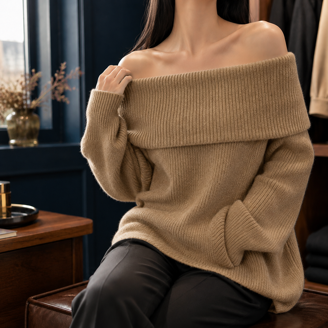 Ysabel Off Shoulder Sweater - Khaki
