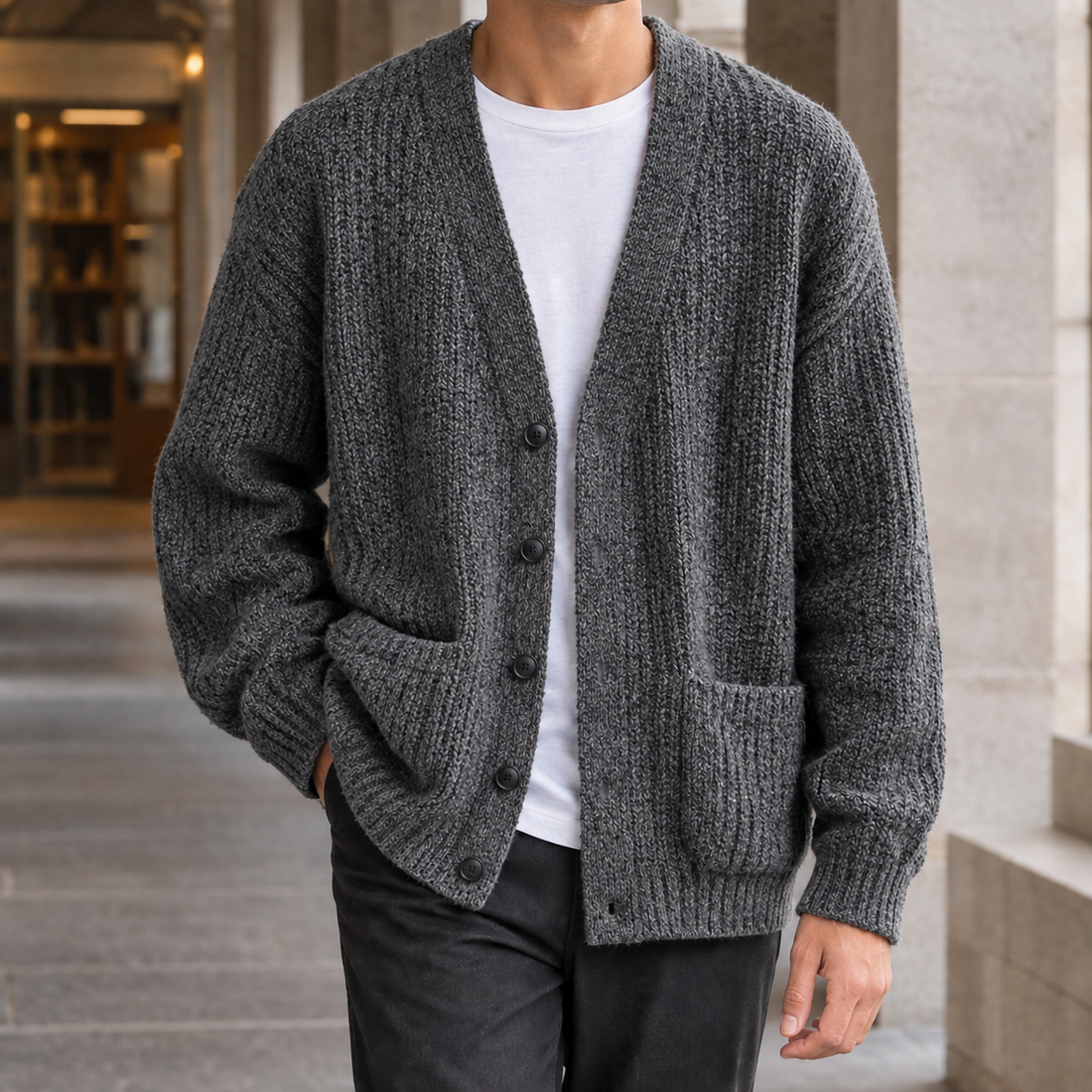 Nicodemus-Miles Textured Cardigan - Dark Gray