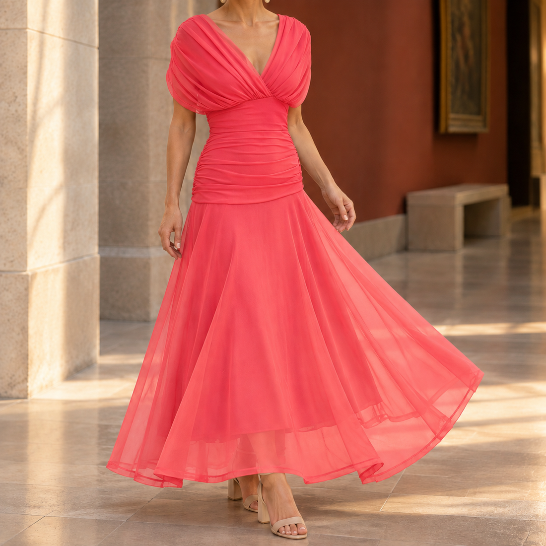 Sylvaine Draped Maxi Dress - Coral