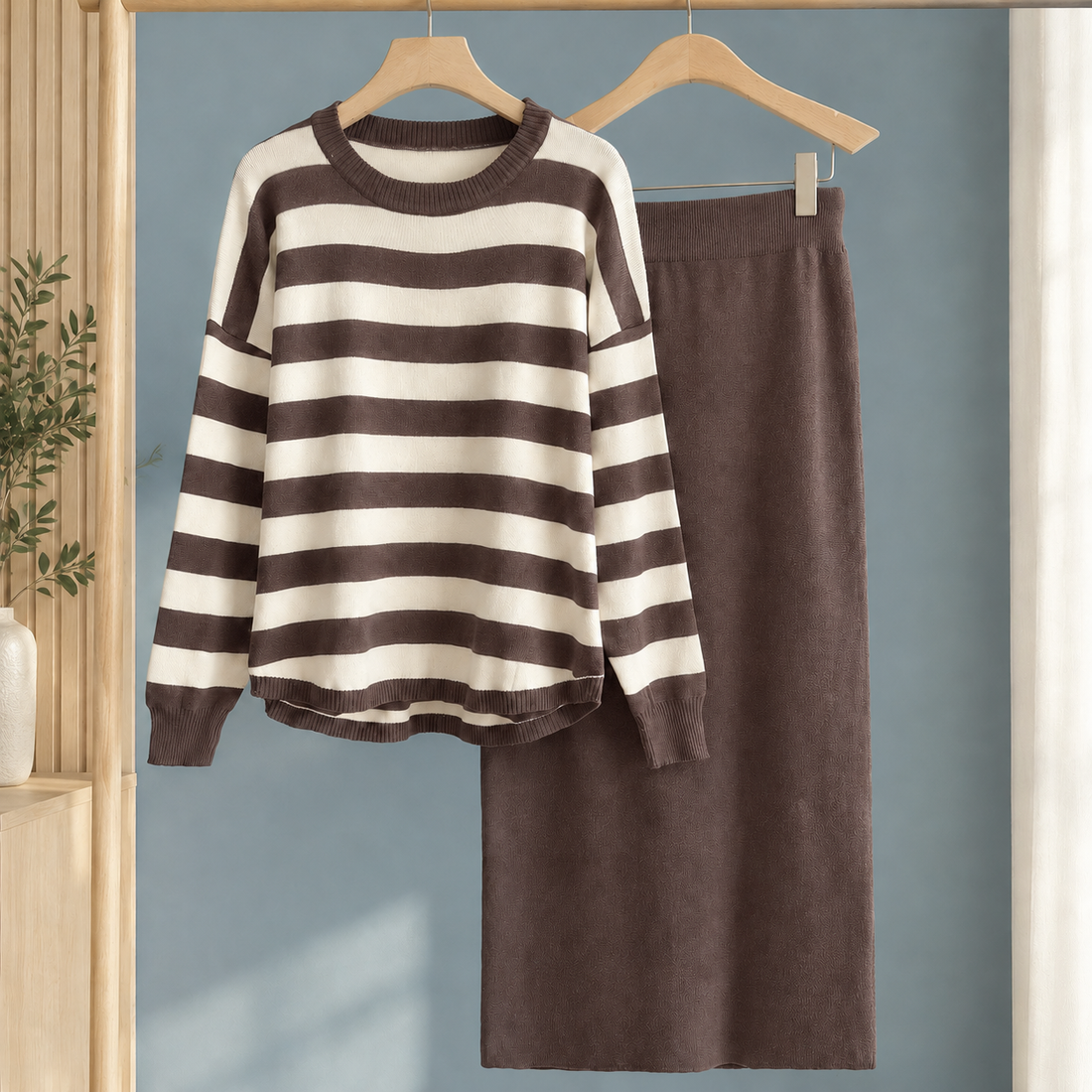 Brigitta Striped Knit Set - Coffee