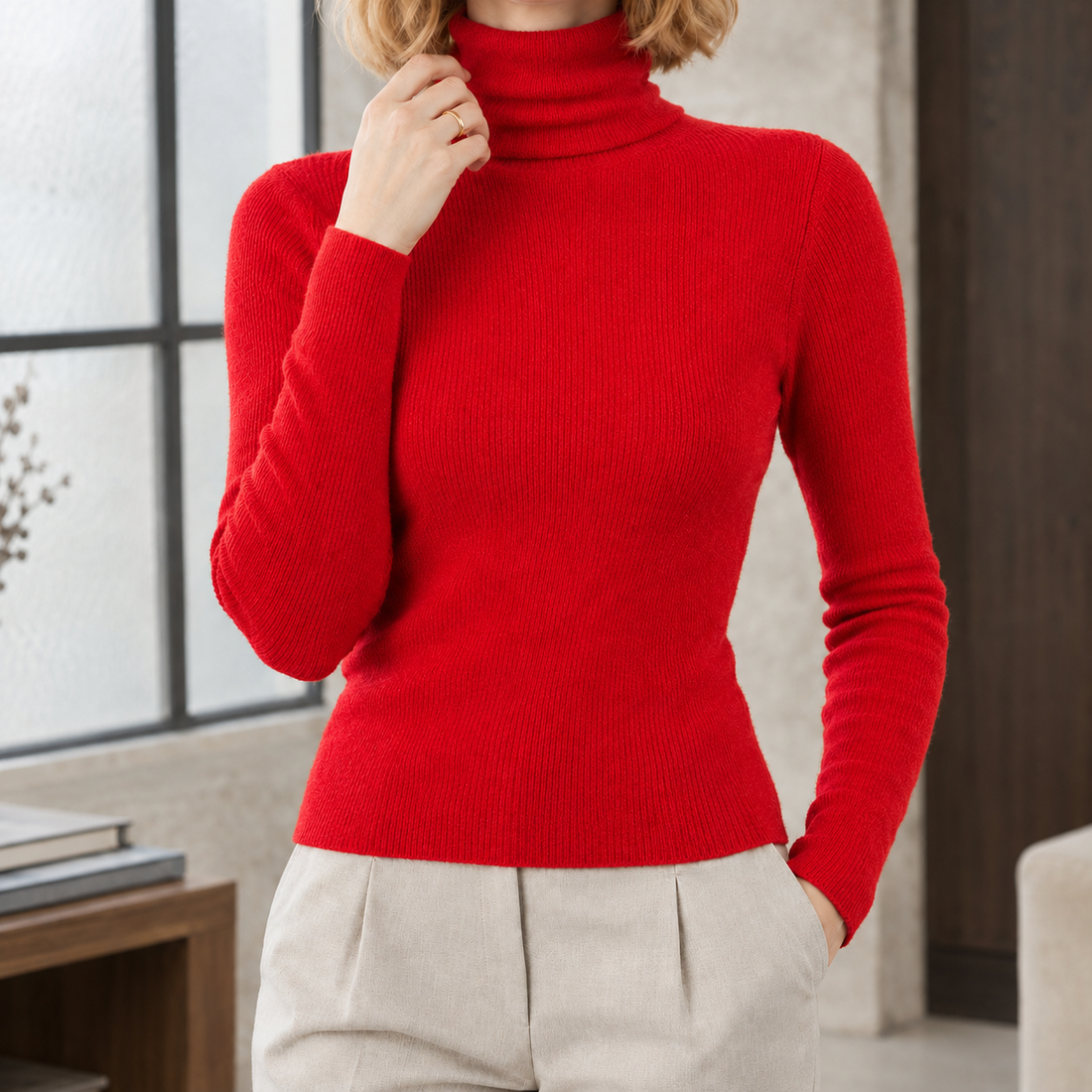 Liliane-Kate Ribbed Turtleneck Sweater - Red