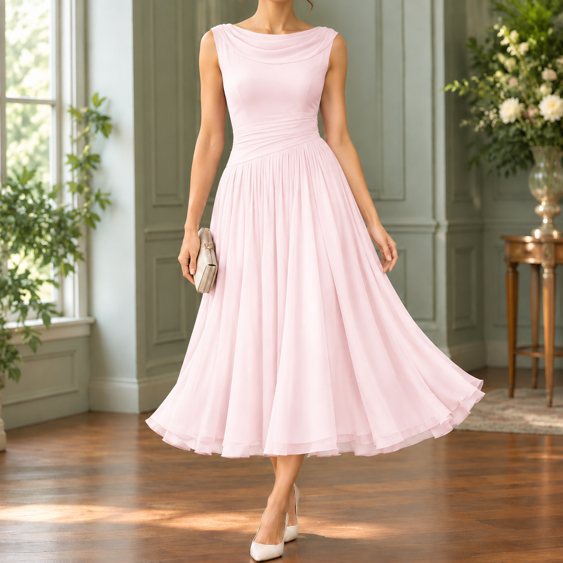 Calla-Grace Draped Midi Dress - Pink