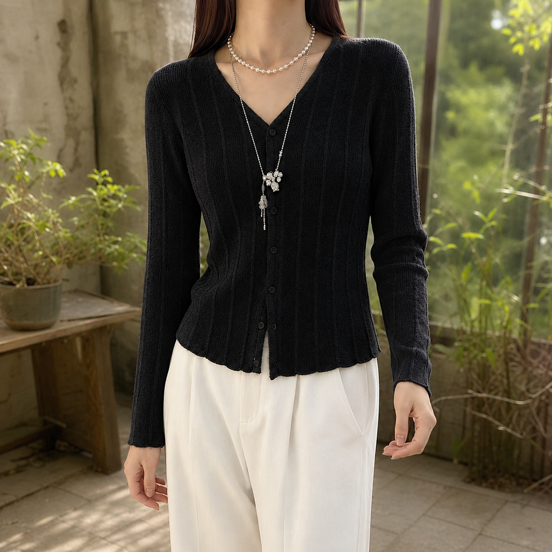 Elle-Pearl Ribbed Cardigan - Black