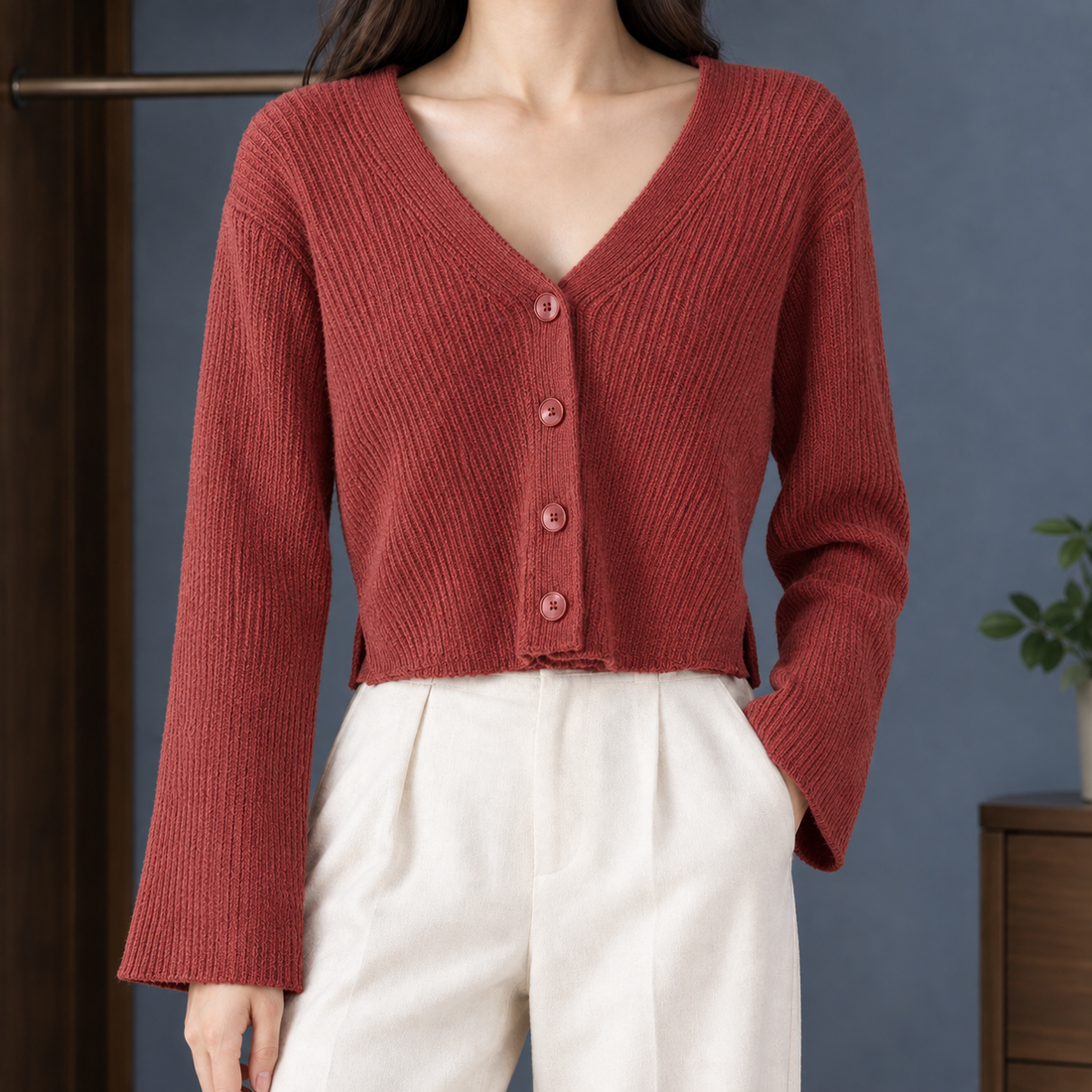 Raven Ribbed Cardigan - Brick Red