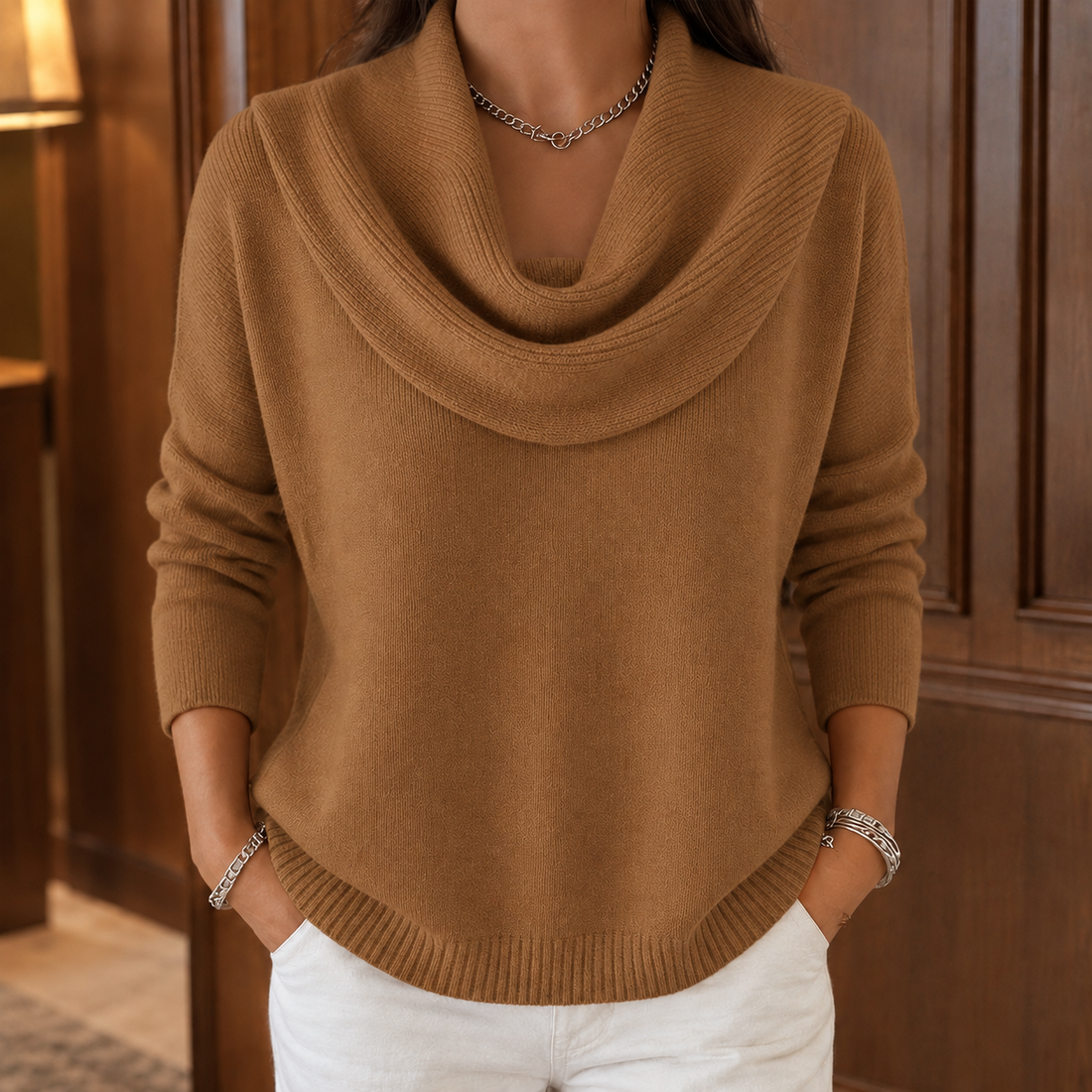 Cassia-Mae Draped Collar Sweater - Brown