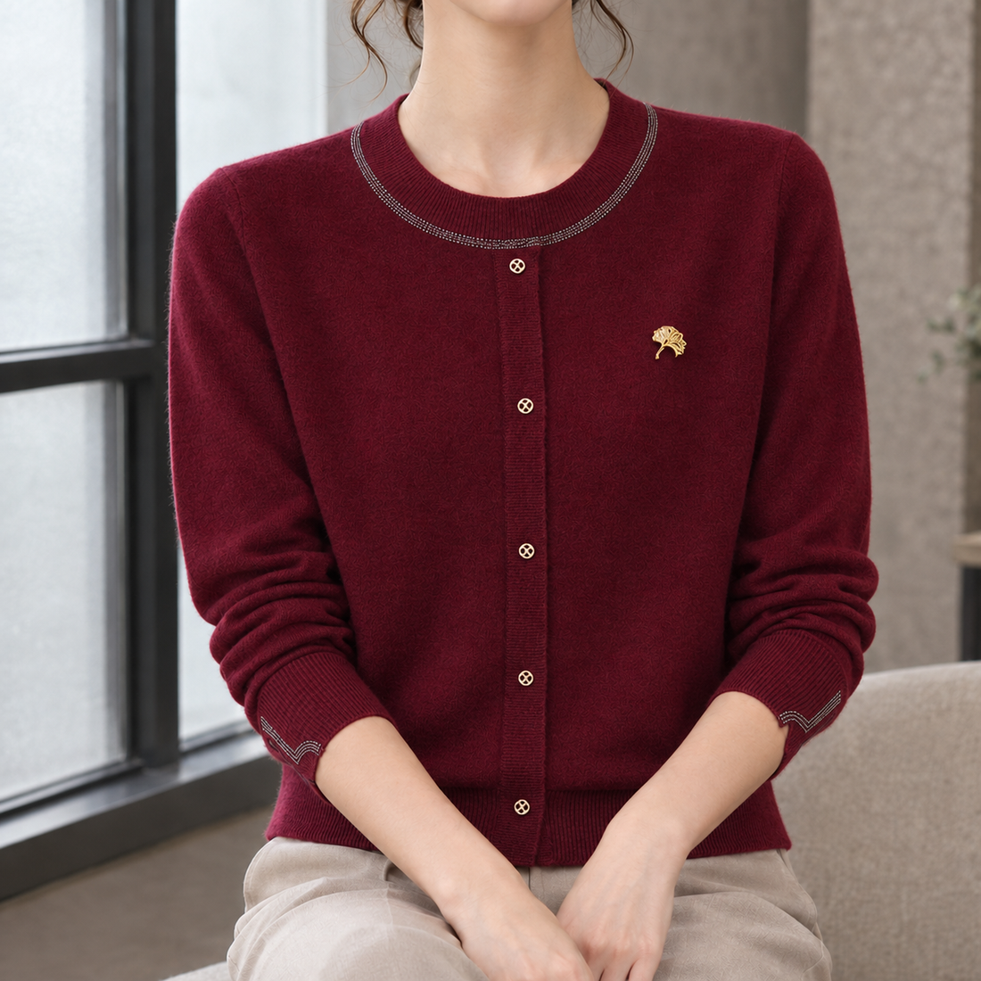 Halcyon-Rose Trimmed Knit Cardigan - Angora Red