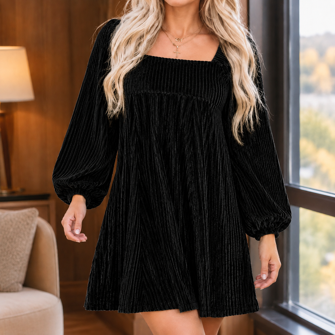 Arabella-Pearl Square Neck Dress - Black