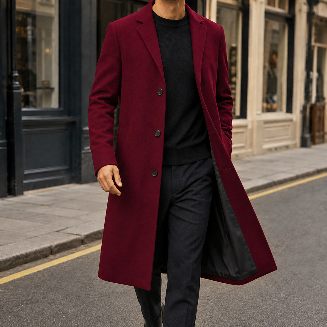 Halvard Single Breasted Overcoat - Deep Red