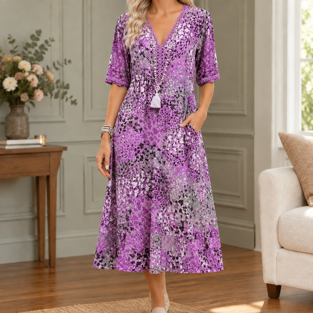Olympia-Hope V-Neck Midi Dress - Purple
