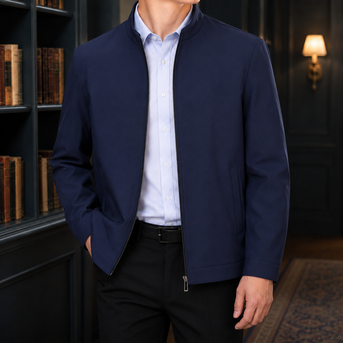 Barnaby Zip Jacket - Dark Blue Stand Collar