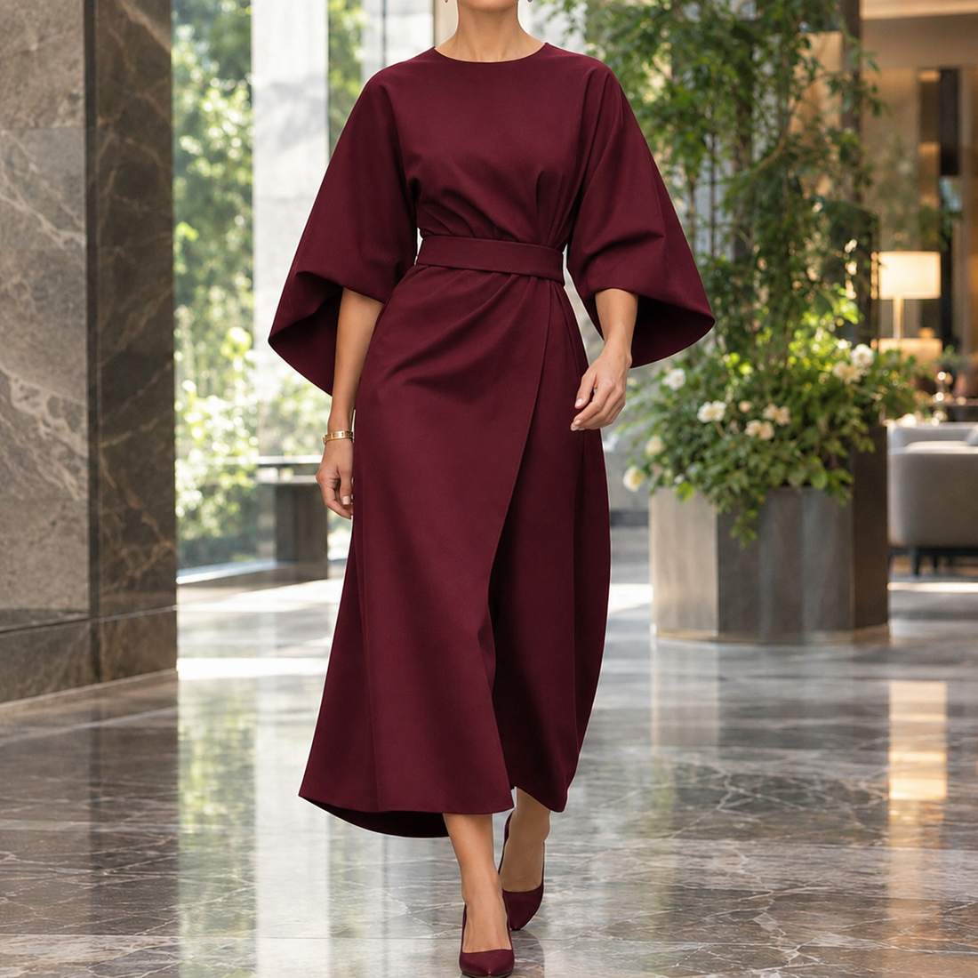 Kelsey-Rae Batwing Wrap Dress - Wine Red
