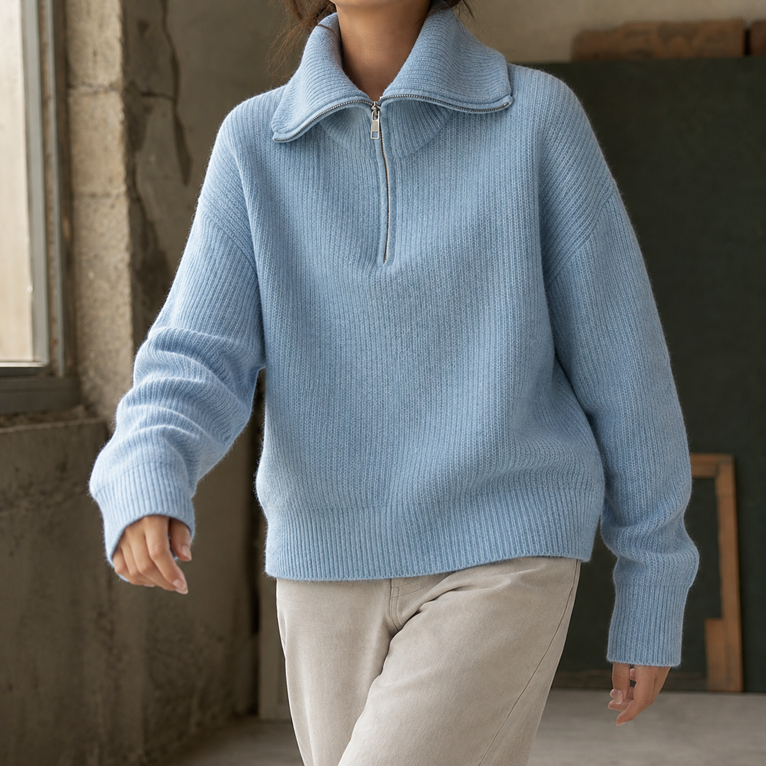 Xaviera-Sage Zip Neck Sweater - Blue