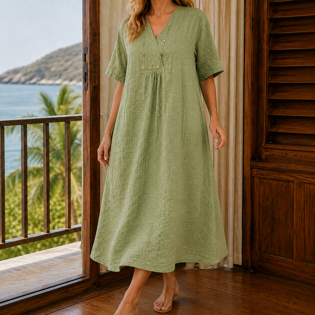 Valeria Crinkle Midi Dress - Green