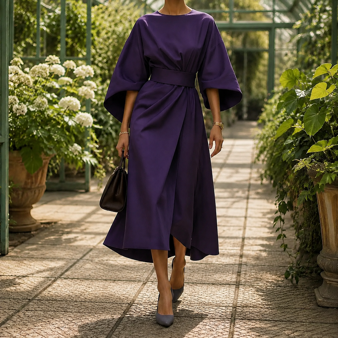 Astrid-Hope Belted Midi Dress - Purple
