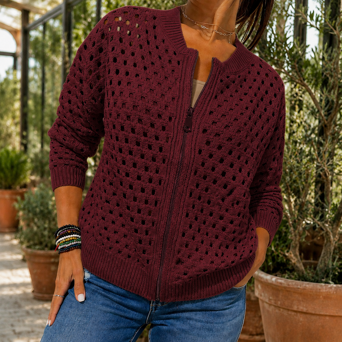 Georgina-Skye Open-Knit Sweater - Burgundy
