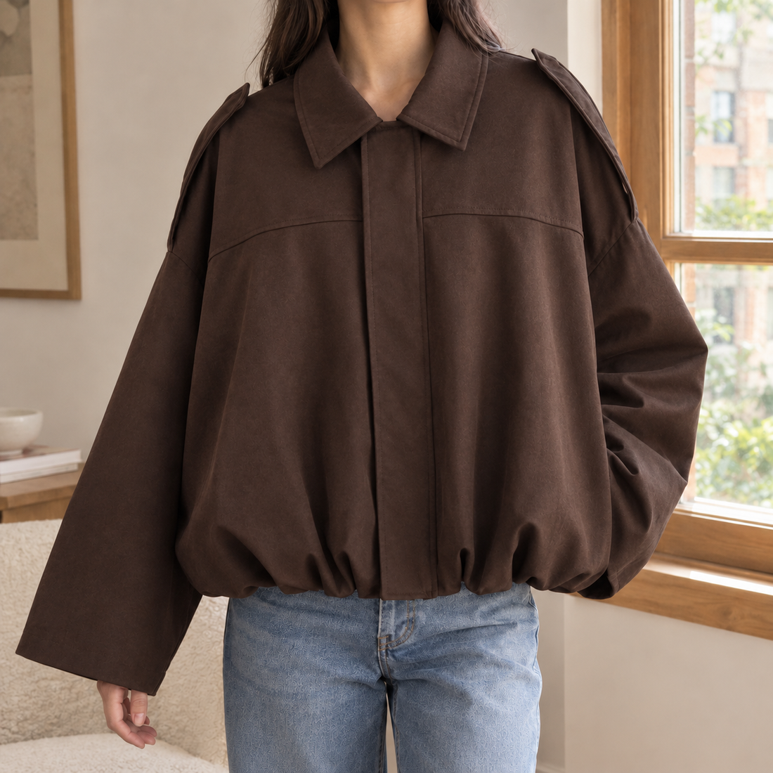 Amabel Cropped Bomber Jacket - Coffee
