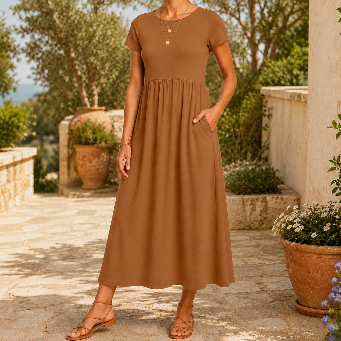Ophelia-Mae Empire Midi Dress - Caramel