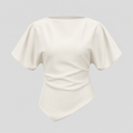 Structured blouse with bateau neckline, short draped sleeves, sculpted waist, and asymmetrical hem for a modern elegant silhouette