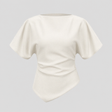 Structured blouse with bateau neckline, short draped sleeves, sculpted waist, and asymmetrical hem for a modern elegant silhouette