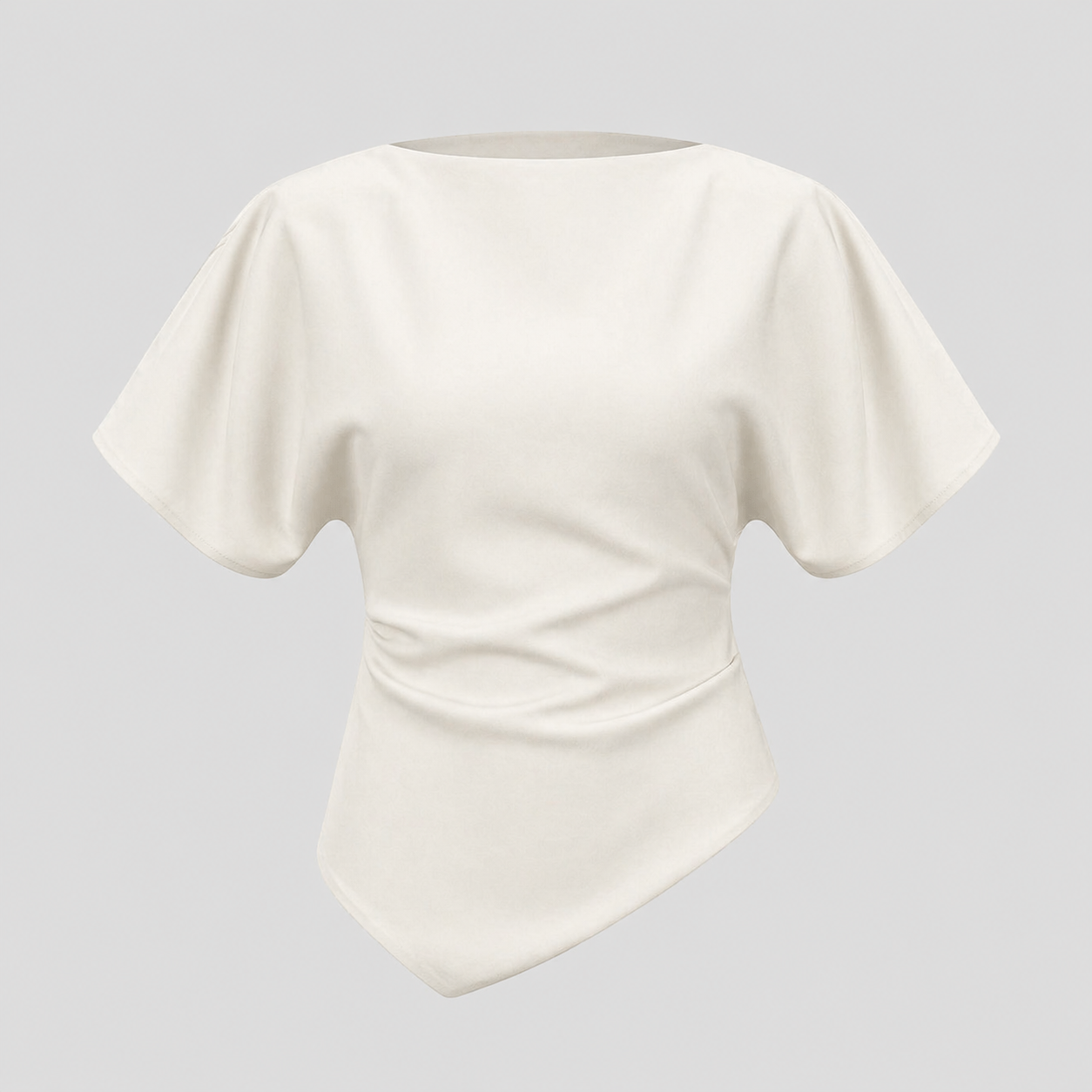 Structured blouse with bateau neckline, short draped sleeves, sculpted waist, and asymmetrical hem for a modern elegant silhouette
