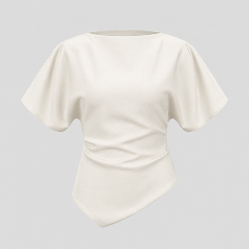 Structured blouse with bateau neckline, short draped sleeves, sculpted waist, and asymmetrical hem for a modern elegant silhouette