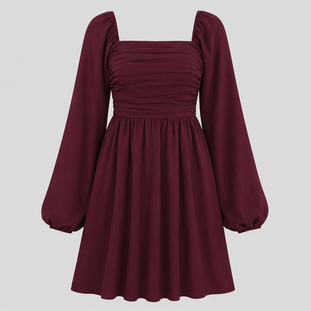 Long sleeve mini dress with square neckline, pleated bodice, defined waist, and flowy fit-and-flare silhouette
