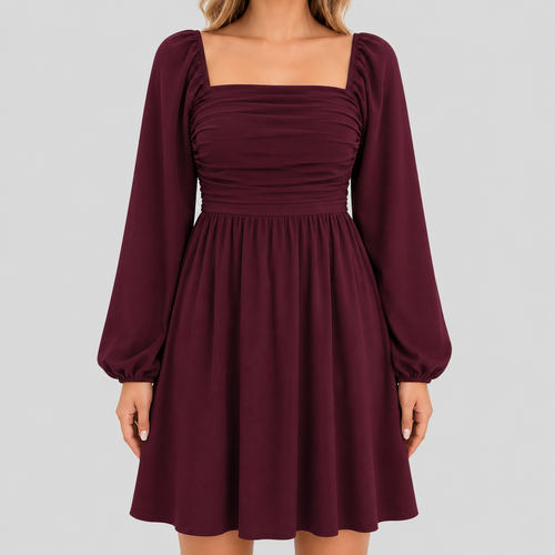 Long sleeve mini dress with square neckline, pleated bodice, defined waist, and flowy fit-and-flare silhouette