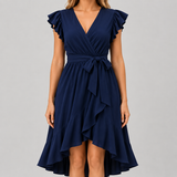 Flutter sleeve wrap midi dress with surplice V-neckline, self-tie waist, and ruffled high-low hem