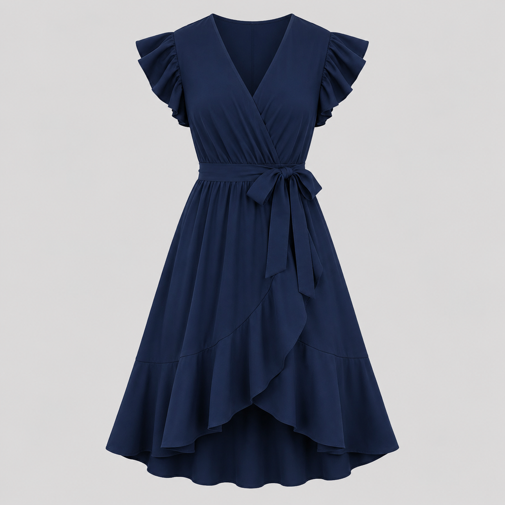 Flutter sleeve wrap midi dress with surplice V-neckline, self-tie waist, and ruffled high-low hem