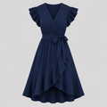 Flutter sleeve wrap midi dress with surplice V-neckline, self-tie waist, and ruffled high-low hem