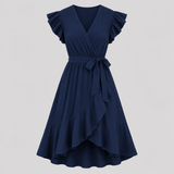 Flutter sleeve wrap midi dress with surplice V-neckline, self-tie waist, and ruffled high-low hem