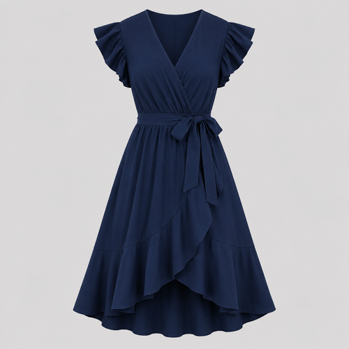 Flutter sleeve wrap midi dress with surplice V-neckline, self-tie waist, and ruffled high-low hem