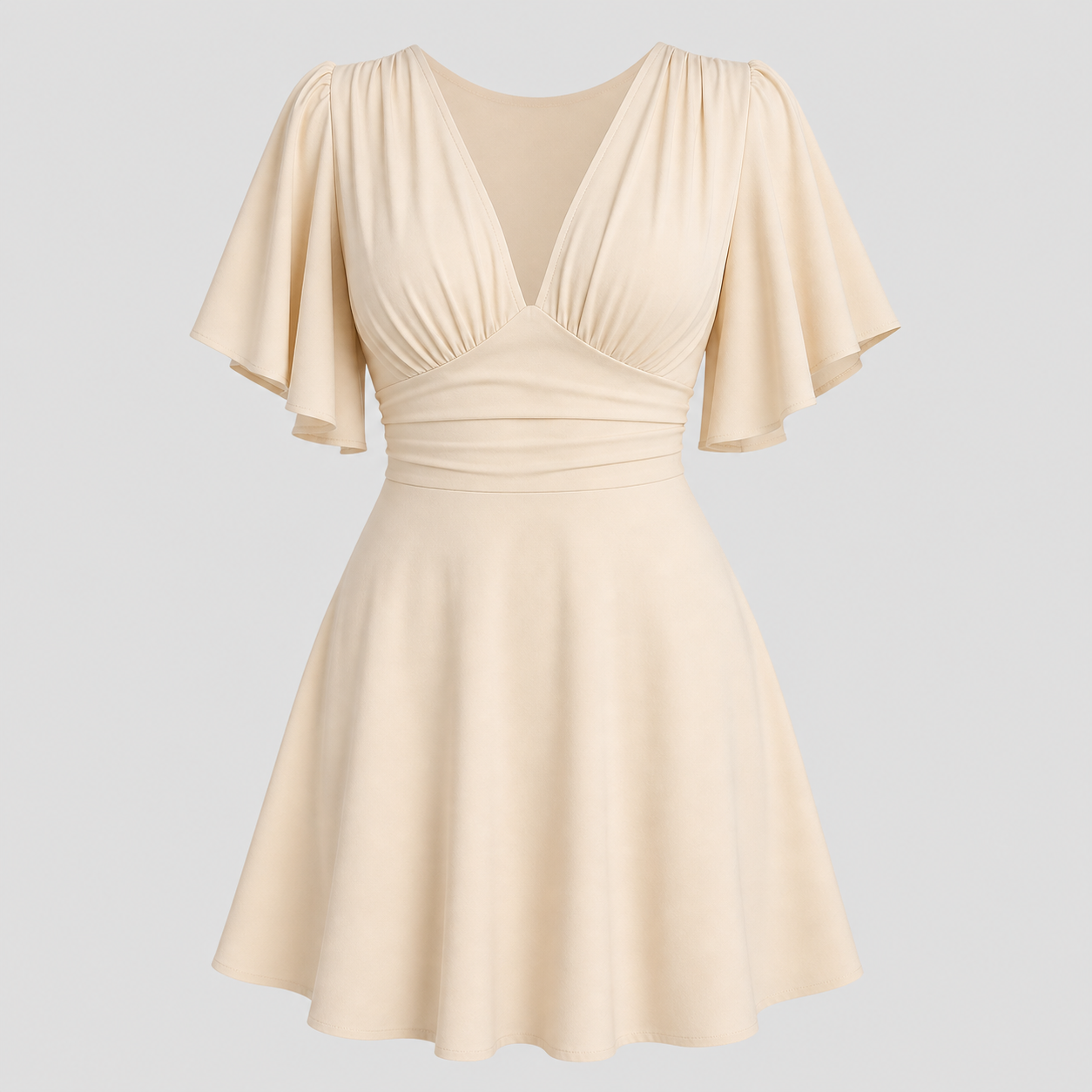 Flutter sleeve mini dress with deep V-neckline, gathered bodice, defined waistband, and fit-and-flare silhouette