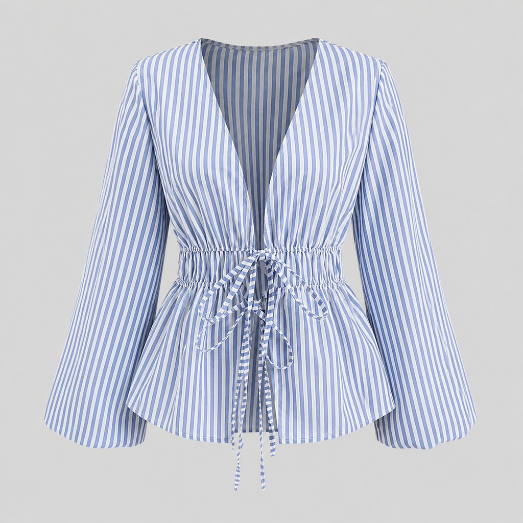 Striped tie-waist blouse with deep V-neck open front, long bell sleeves, and flared hem for a feminine tailored silhouette