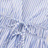 Striped tie-waist blouse with deep V-neck open front, long bell sleeves, and flared hem for a feminine tailored silhouette